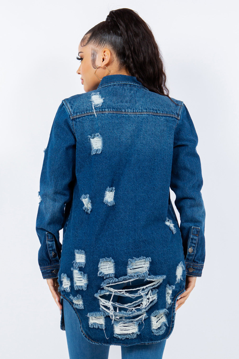 American Bazi Distressed Button Up Long Sleeve Denim Jacket  Trendsi   