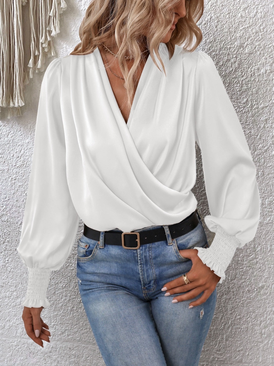 Surplice Smocked Lantern Sleeve Blouse Blouse Trendsi   