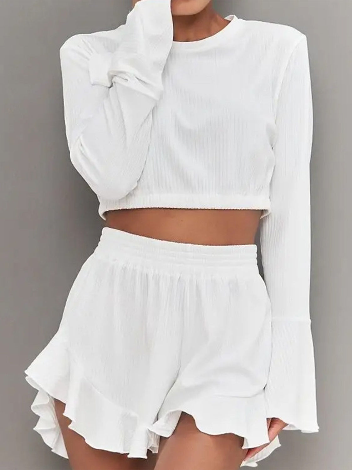 Round Neck Long Sleeve Top and Ruffled Shorts Set  Trendsi White S 