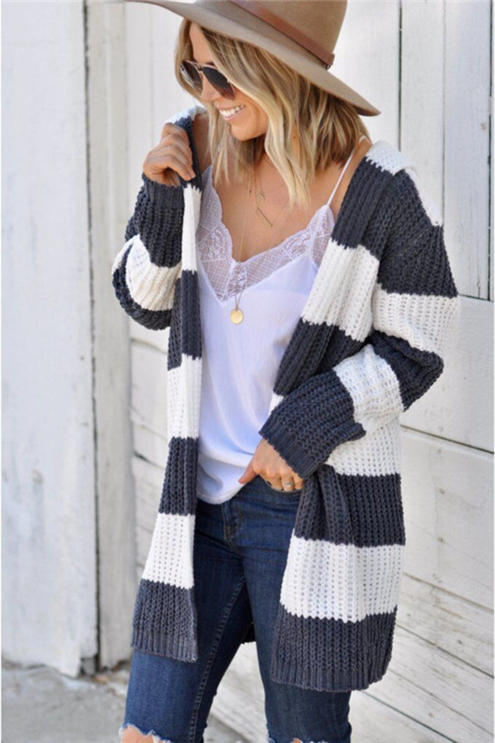 Contrast Stripes Open Front Long Sleeve Cardigan  Trendsi   