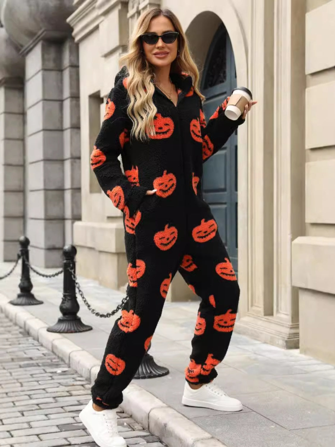 Fuzzy Pumpkin Half Zip Hooded Jumpsuit  Trendsi   