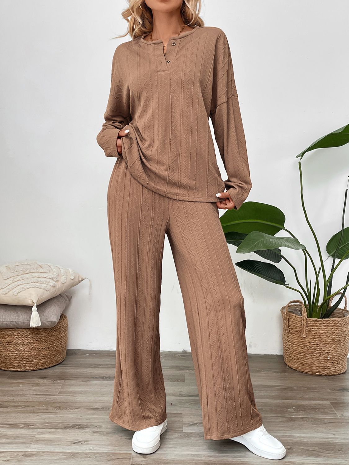 Perfee Quarter Button Long Sleeve Top and Pants Set  Trendsi   