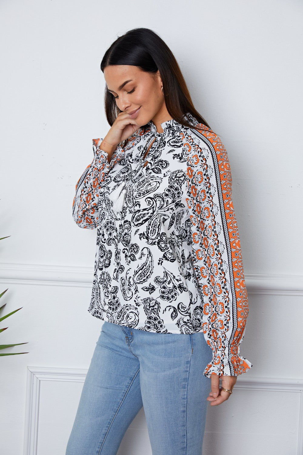 Tassel Tie Neck Printed Smocked Long Sleeve Blouse Blouse Trendsi   