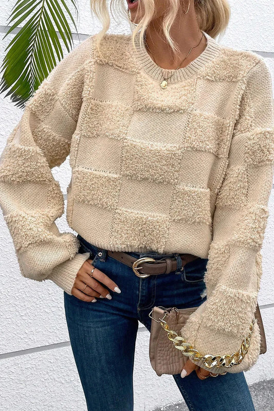 Checkered Round Neck Dropped Shoulder Sweater  Trendsi Beige S 