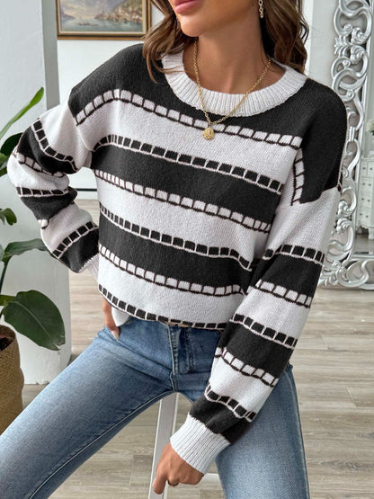 Striped Round Neck Long Sleeve Sweater  Trendsi   