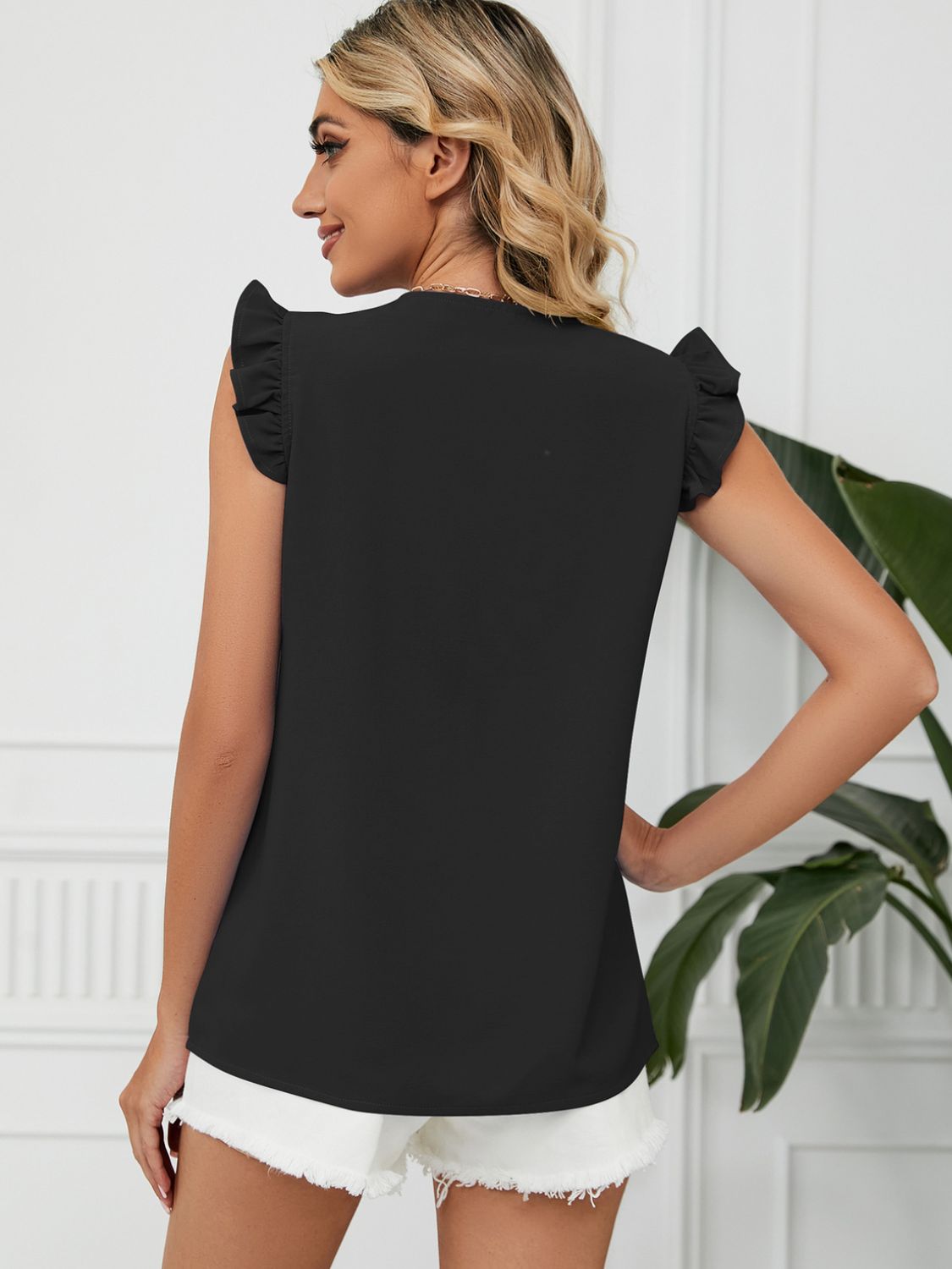 Ruffled V-Neck Cap Sleeve Blouse Blouse Trendsi   