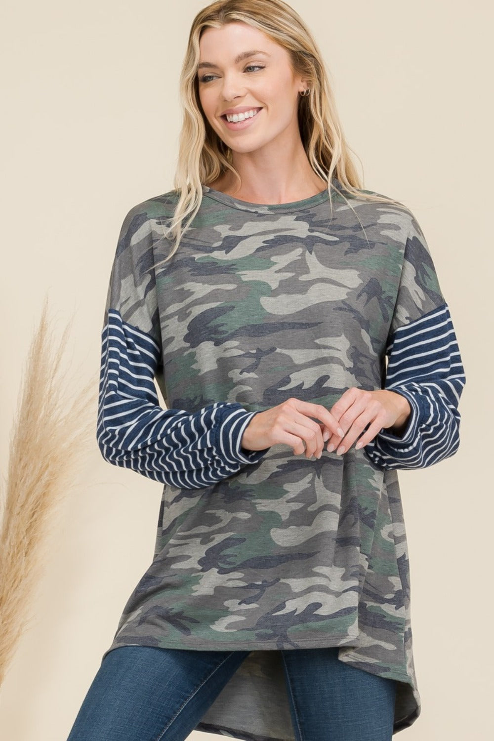 Celeste Full Size Camo Print High-Low T-Shirt with Stripe Sleeves  Trendsi Olive Camo S 