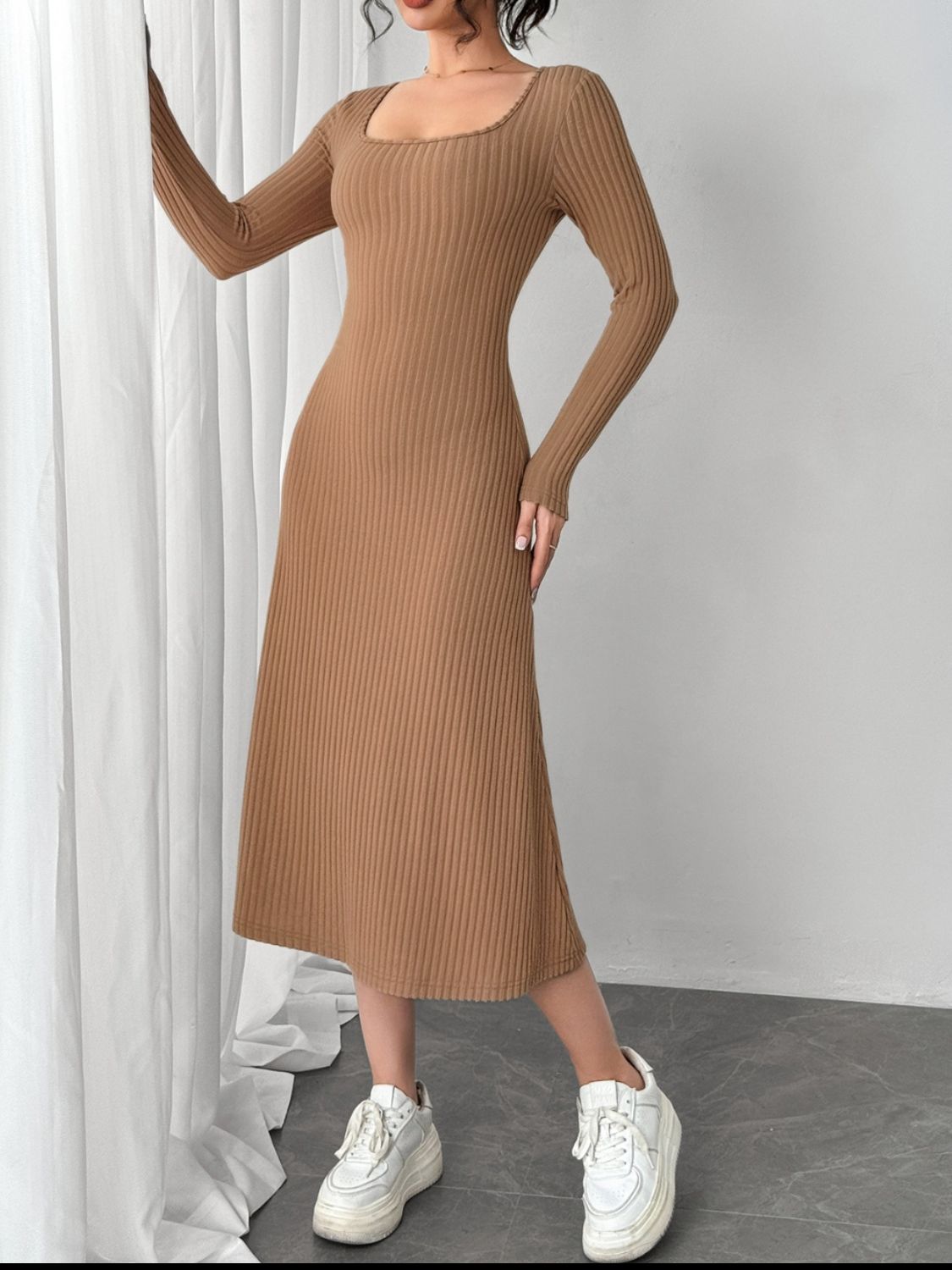 Square Neck Long Sleeve Midi Wrap Dress  Trendsi   