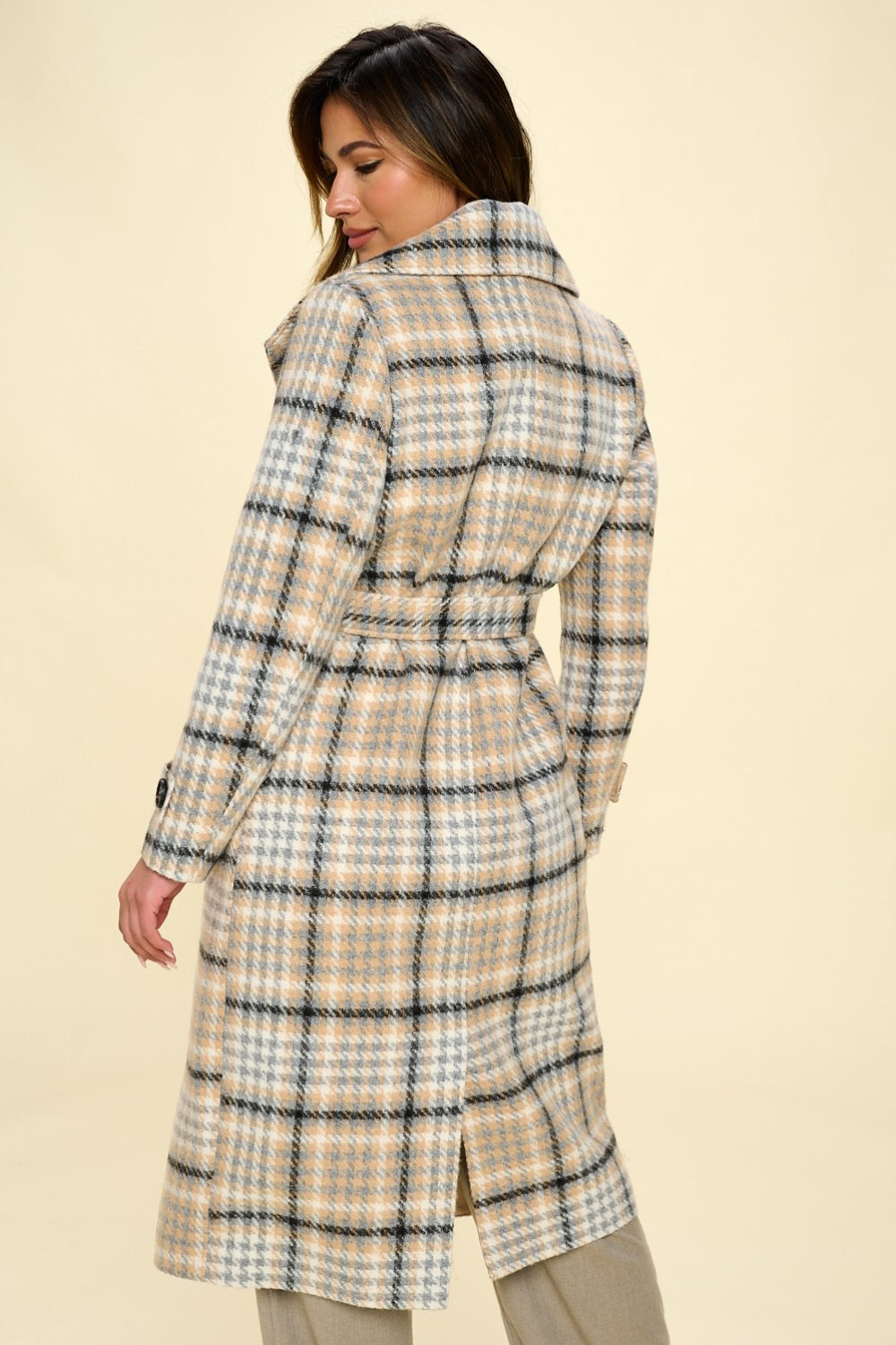 Coalition LA Double-Breasted Plaid Coat with Belt  Trendsi   