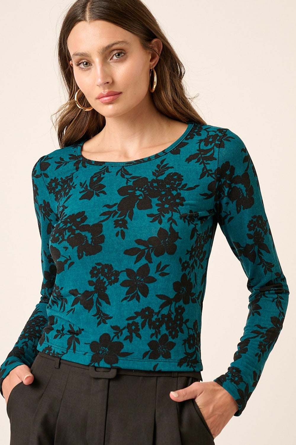 Mittoshop Flower Print Long Sleeve Knit Top  Trendsi Teal S 