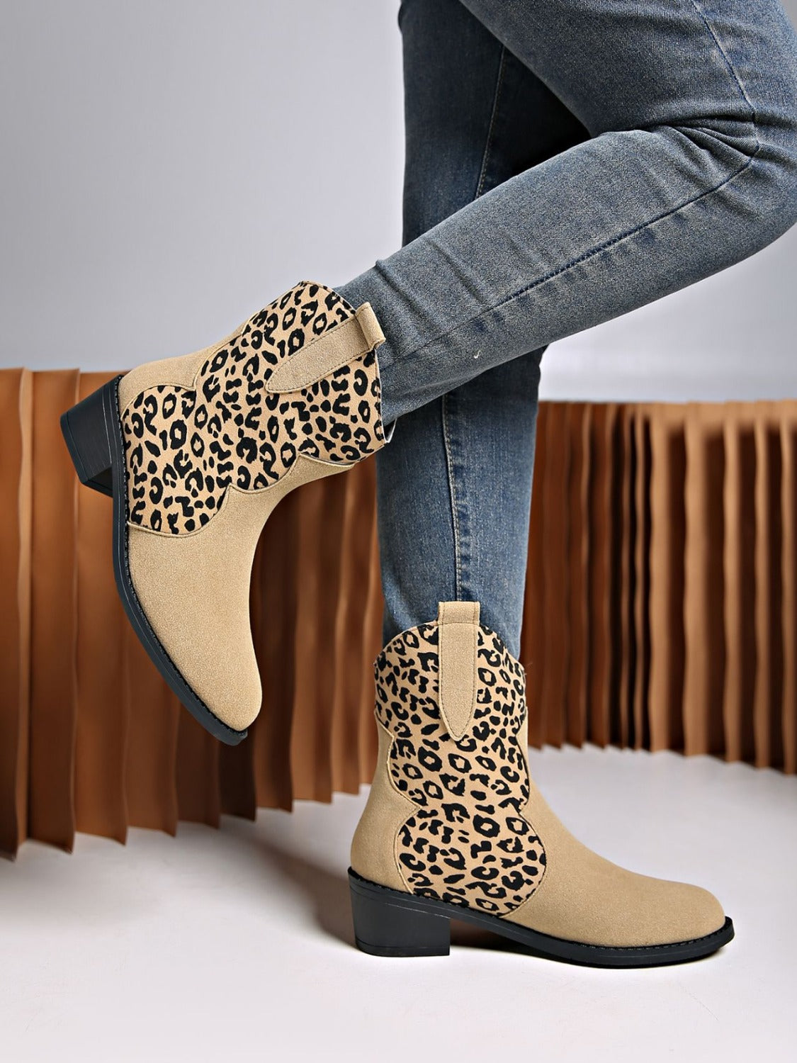 Leopard Suede Block Heel Boots  Trendsi   