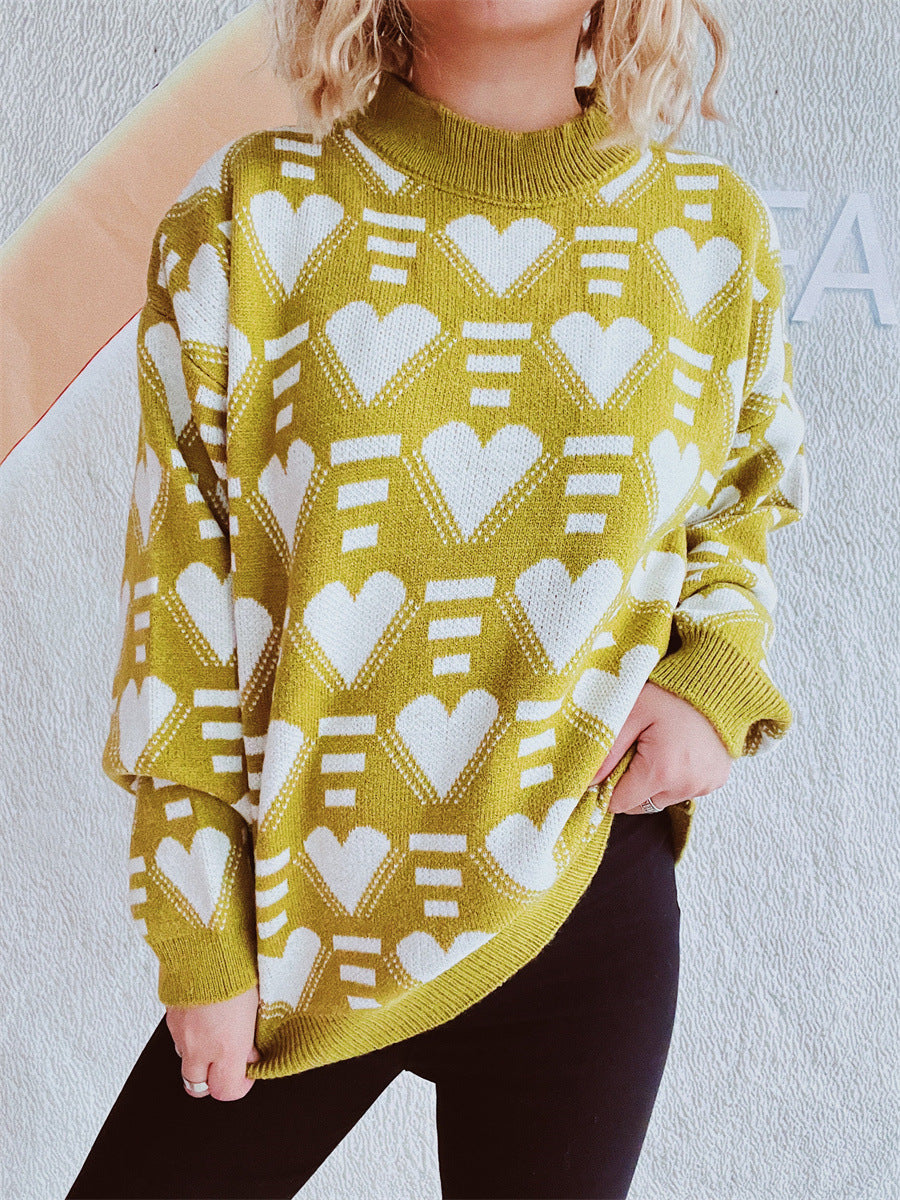 Heart Contrast Long Sleeve Dropped Shoulder Sweater  Trendsi Mustard One Size 