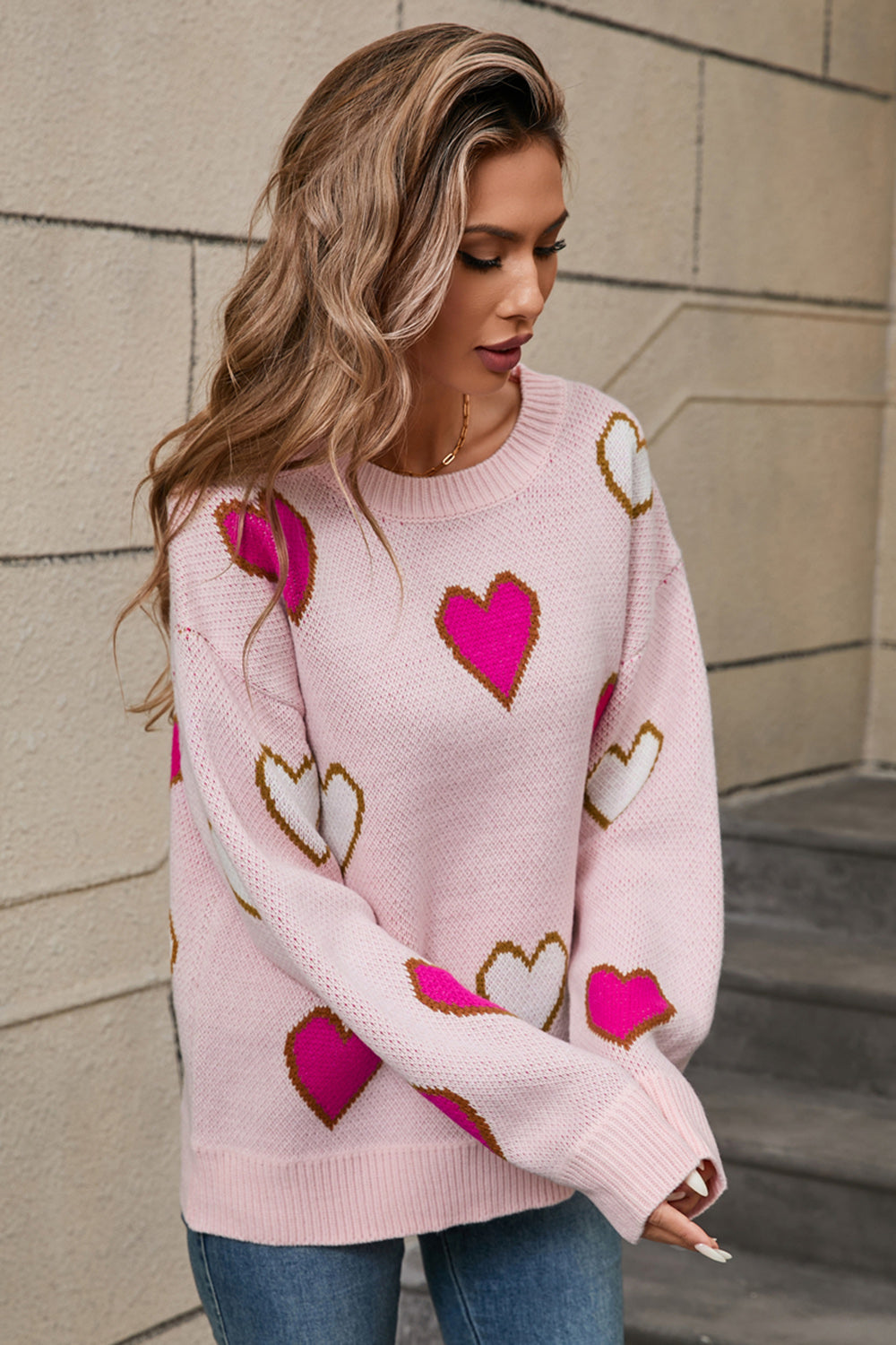 Angel Wings Contrast Heart Round Neck Long Sleeve Sweater  Trendsi   