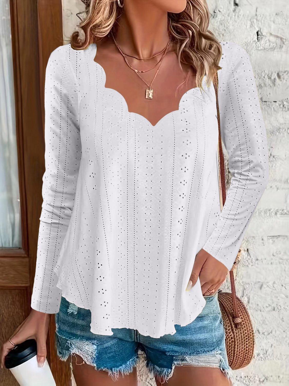 Eyelet Long Sleeve Blouse  Trendsi White S 