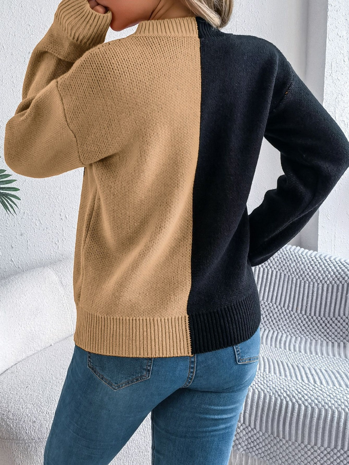 Contrast Round Neck Long Sleeve Sweater  Trendsi   