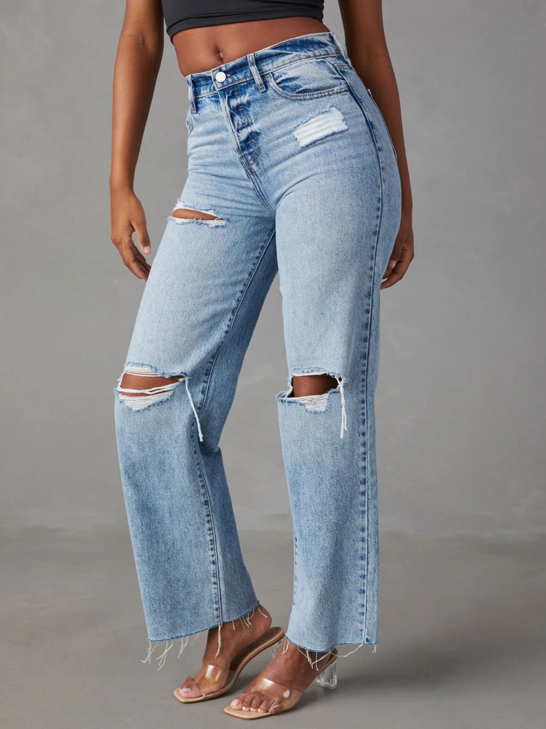 Distressed Straight Leg Jeans with Pockets  Trendsi   