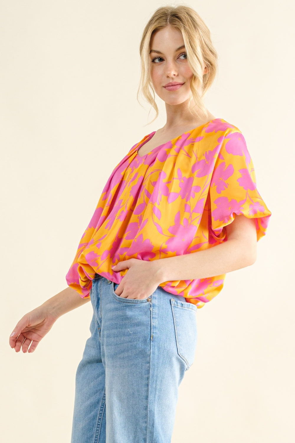 And The Why Full Size Printed Satin Bubble Hem Top  Trendsi   