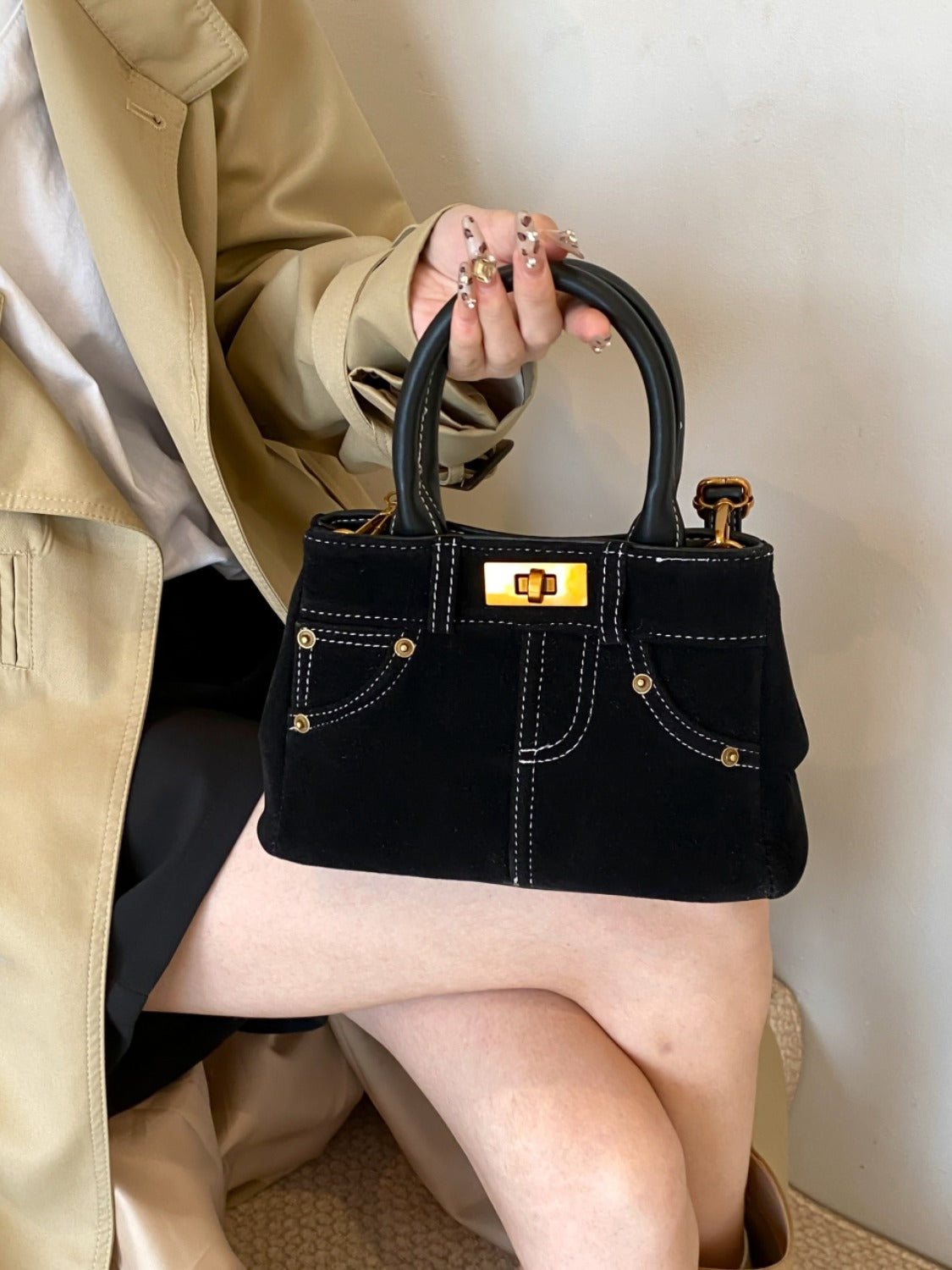 Suede Adjustable Strap Double-Use Handbag Bag Trendsi   