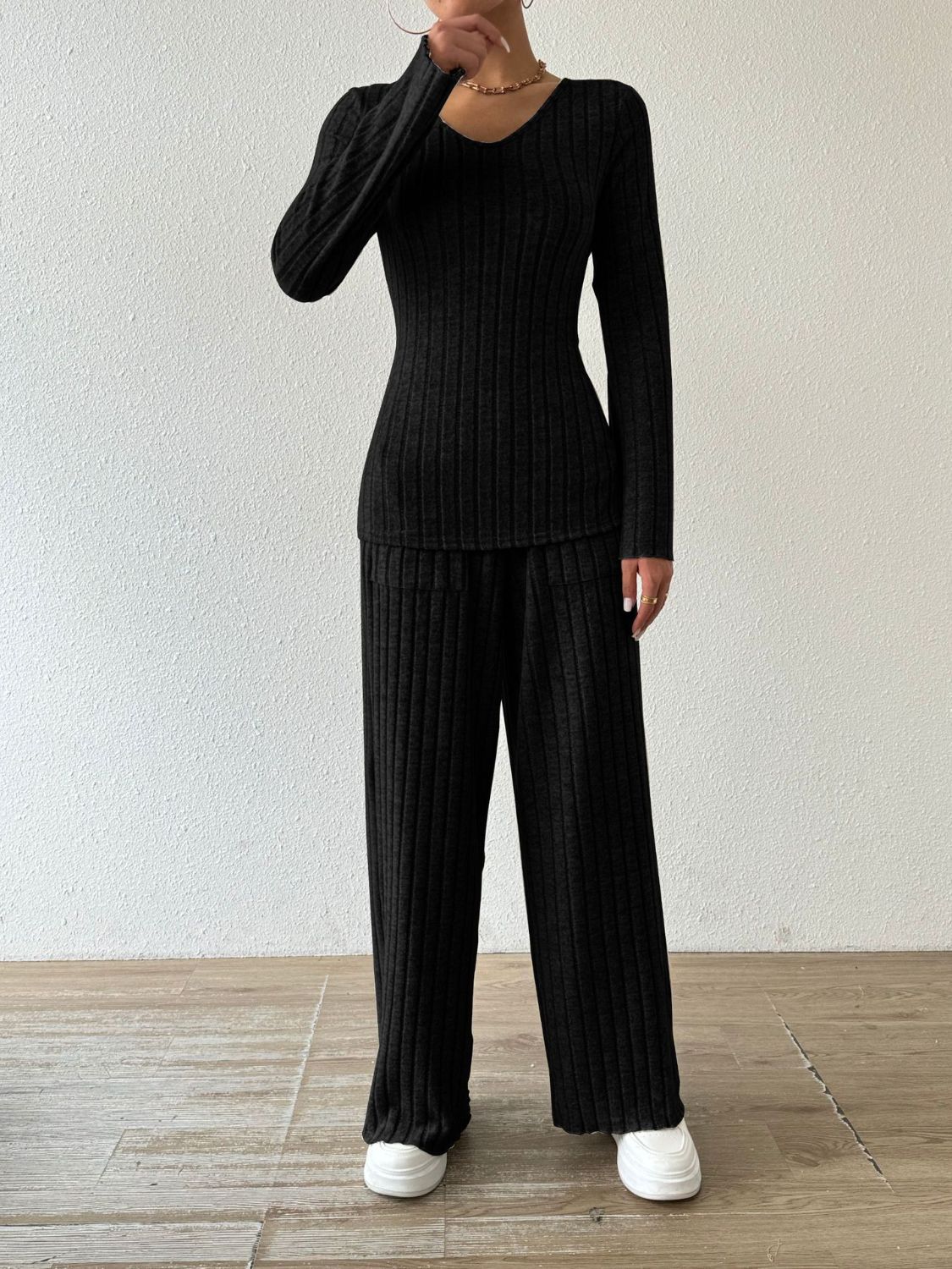 Ribbed V-Neck Long Sleeve Top and Pocketed Pants Set  Trendsi   