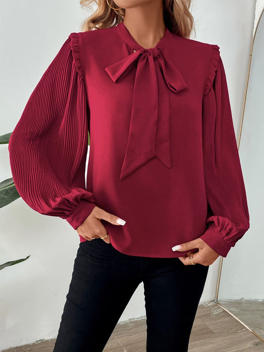 Perfee Frill Tie Neck Long Sleeve Blouse  Trendsi Burgundy S 