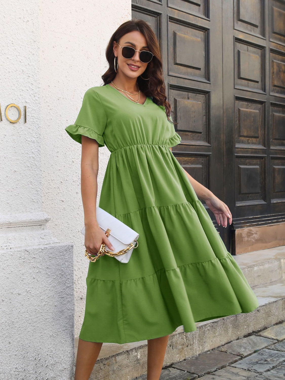 V-Neck Short Sleeve Midi Dress Dress Trendsi Matcha Green S 