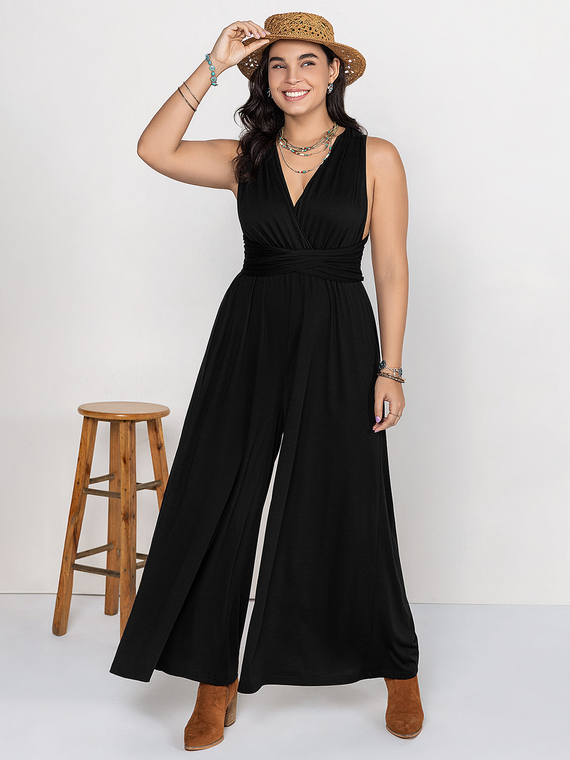 Plus Size V-Neck Wide Leg Jumpsuit  Trendsi   