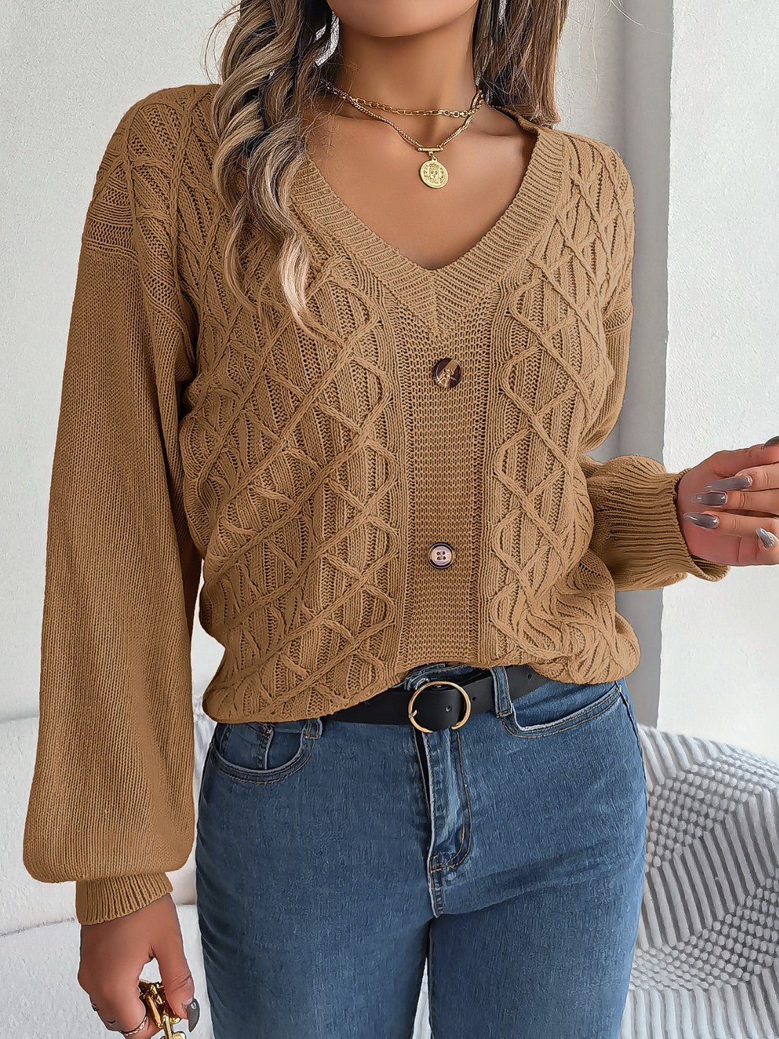 Cable-Knit V-Neck Lantern Sleeve Sweater  Trendsi   