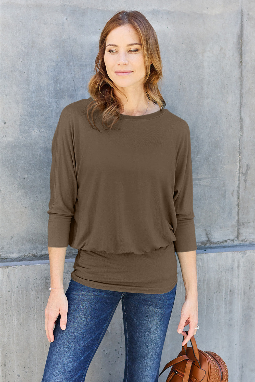 Basic Bae Full Size Round Neck Batwing Sleeve Top Blouse Trendsi Brown S 