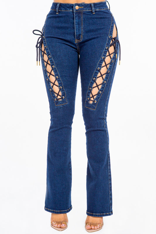 American Bazi High Rise Lace Up Jeans  Trendsi DK Blue S 