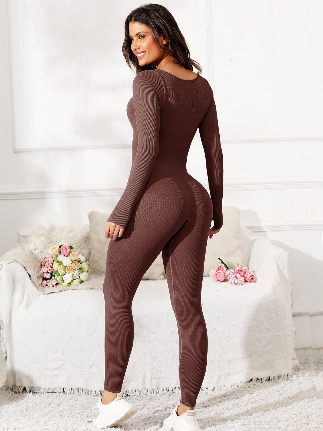 Scoop Neck Long Sleeve Active Jumpsuit  Trendsi   