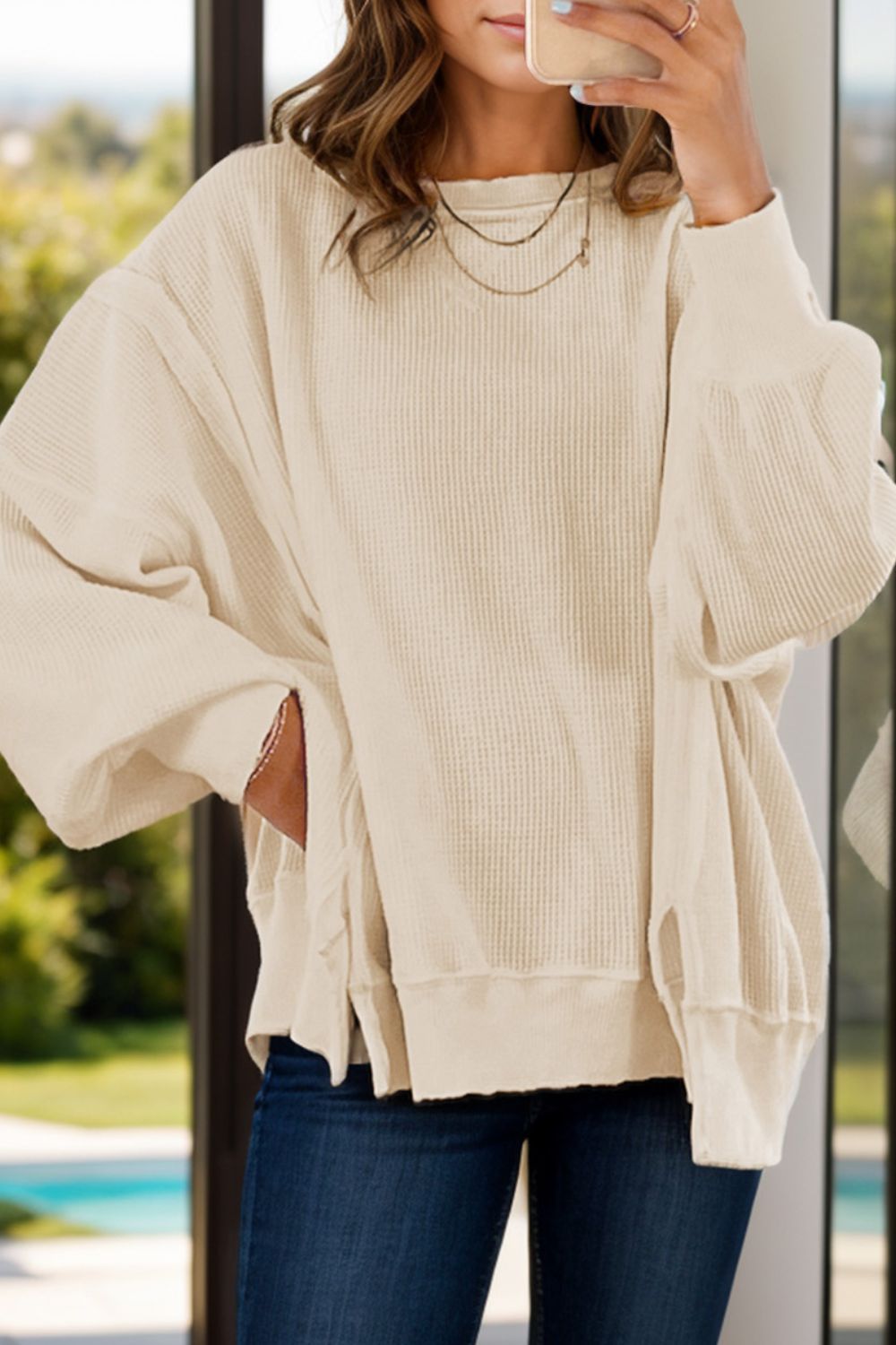 Slit Waffle-Knit Round Neck Long Sleeve Top Blouse Trendsi Ivory S 