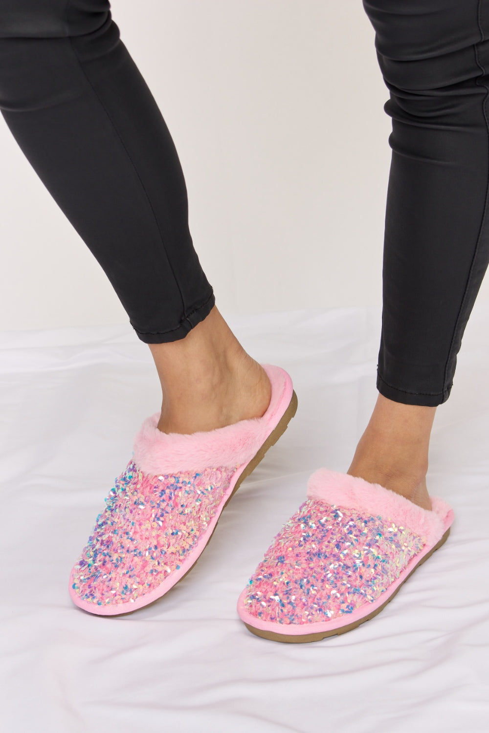 Forever Link Sequin Plush Round Toe Slippers  Trendsi   