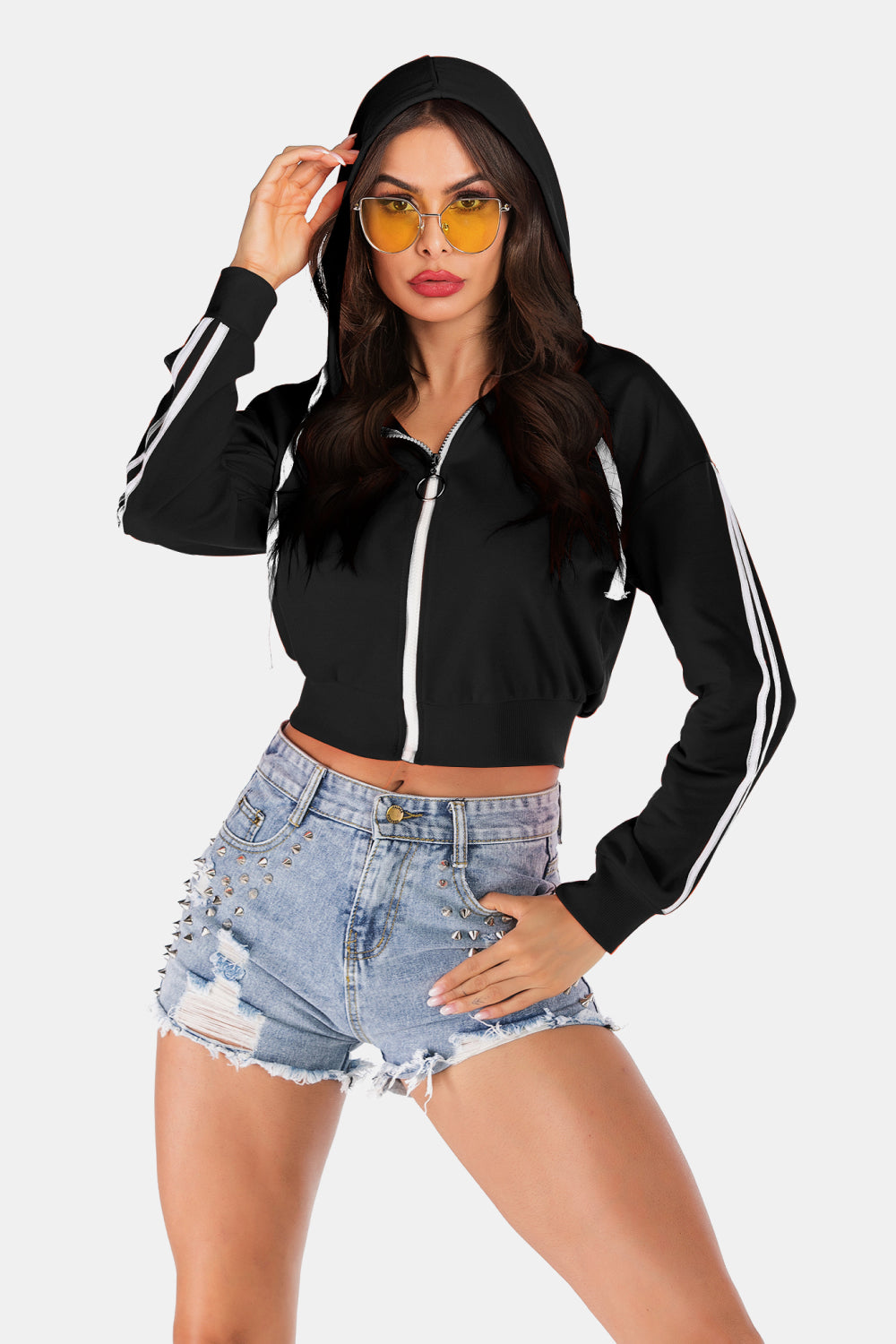 Perfee Side Stripe Drawstring Cropped Hooded Jacket