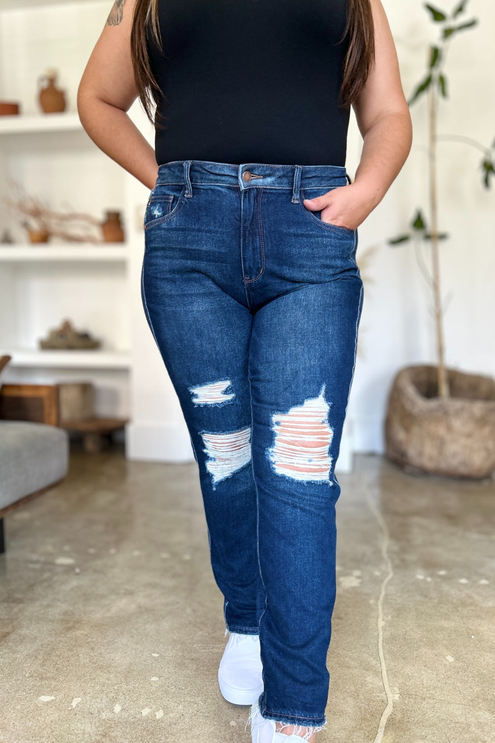 Judy Blue Full Size High Waist Rigid Magic Heavy Destroy Straight Jeans  Trendsi   