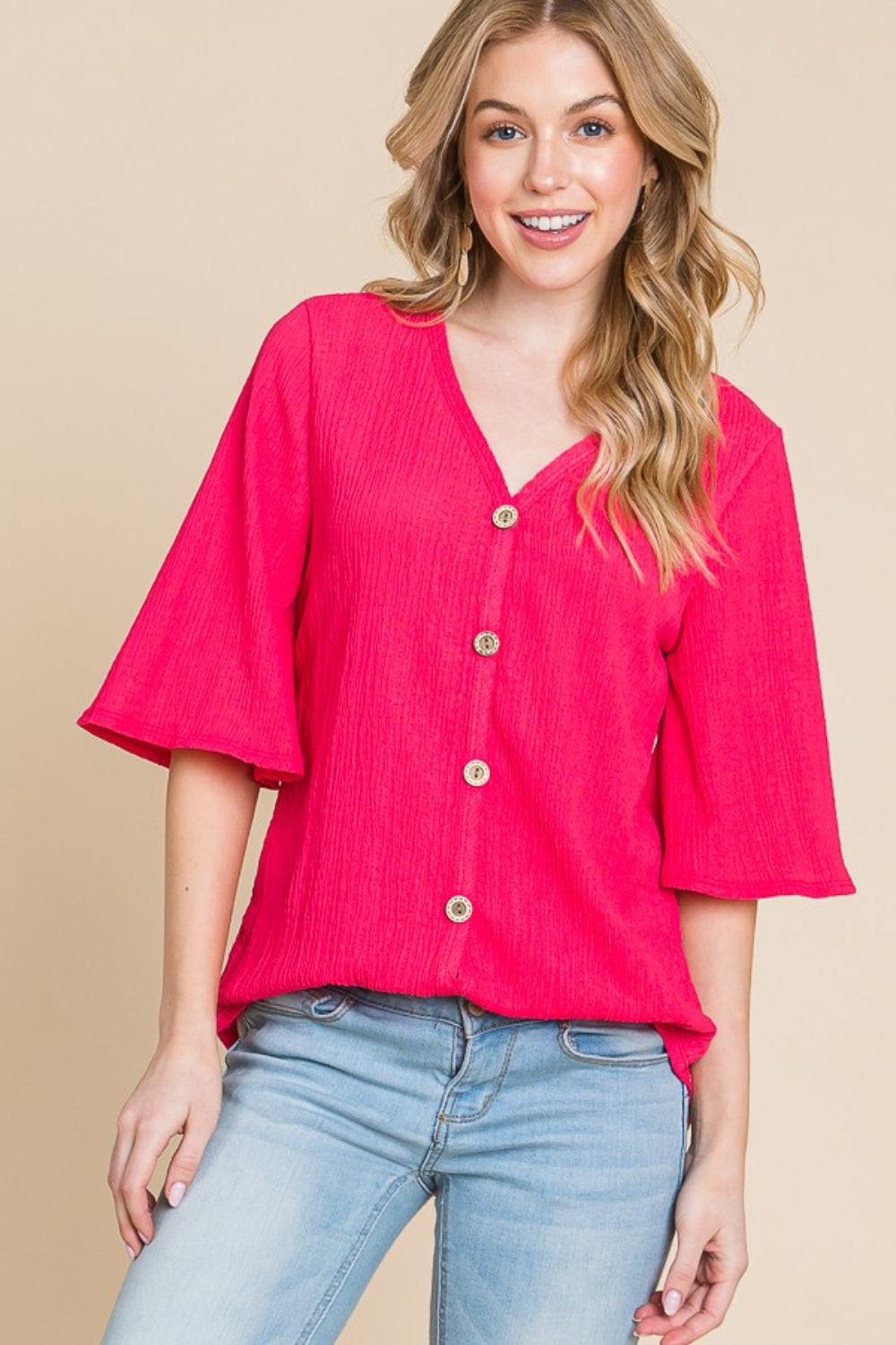 BOMBOM Texture Decorative Button V-Neck Top  Trendsi Fuchsia S 