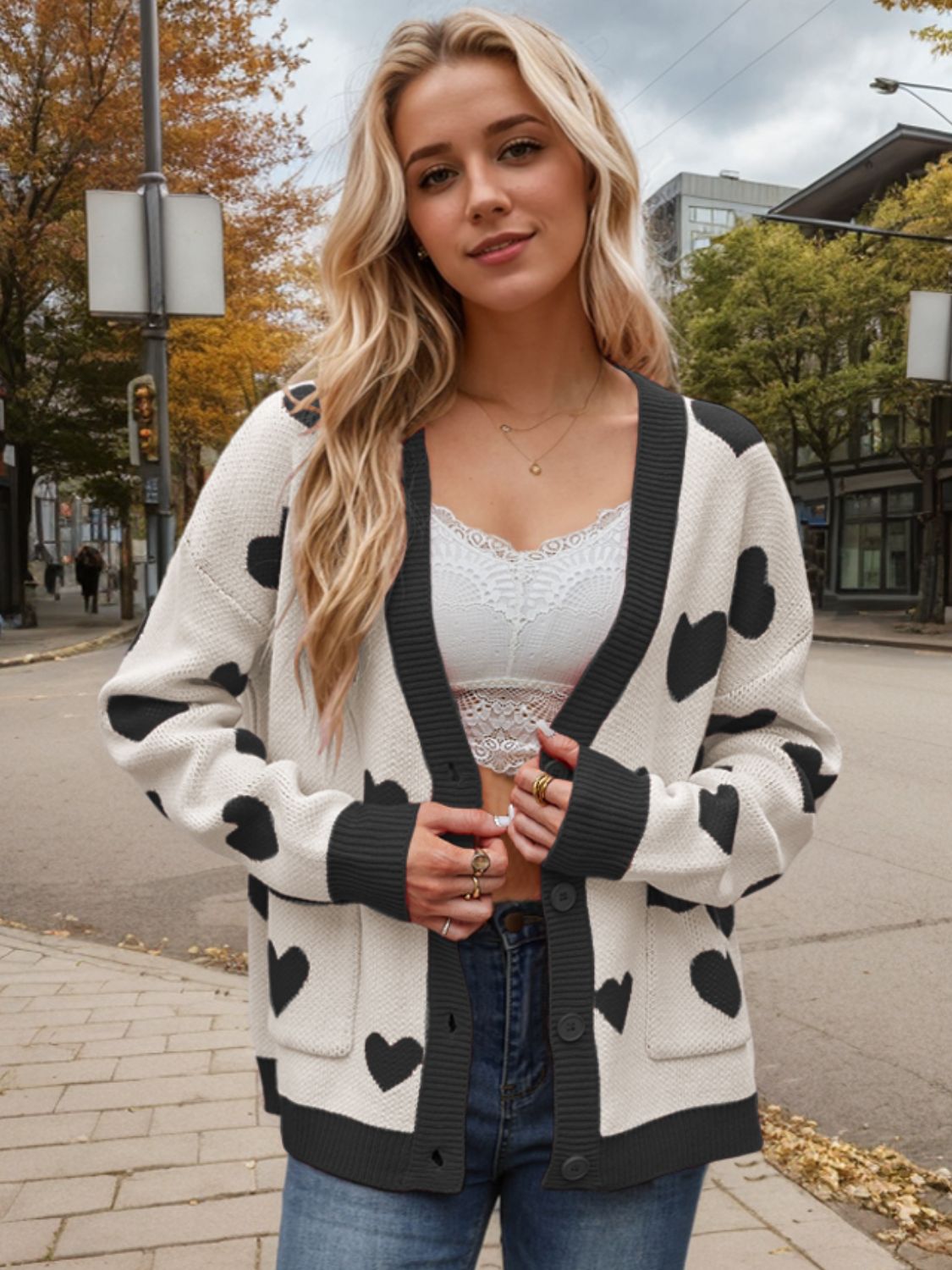 Heart Button Up Dropped Shoulder Long Sleeve Cardigan  Trendsi Cream S 