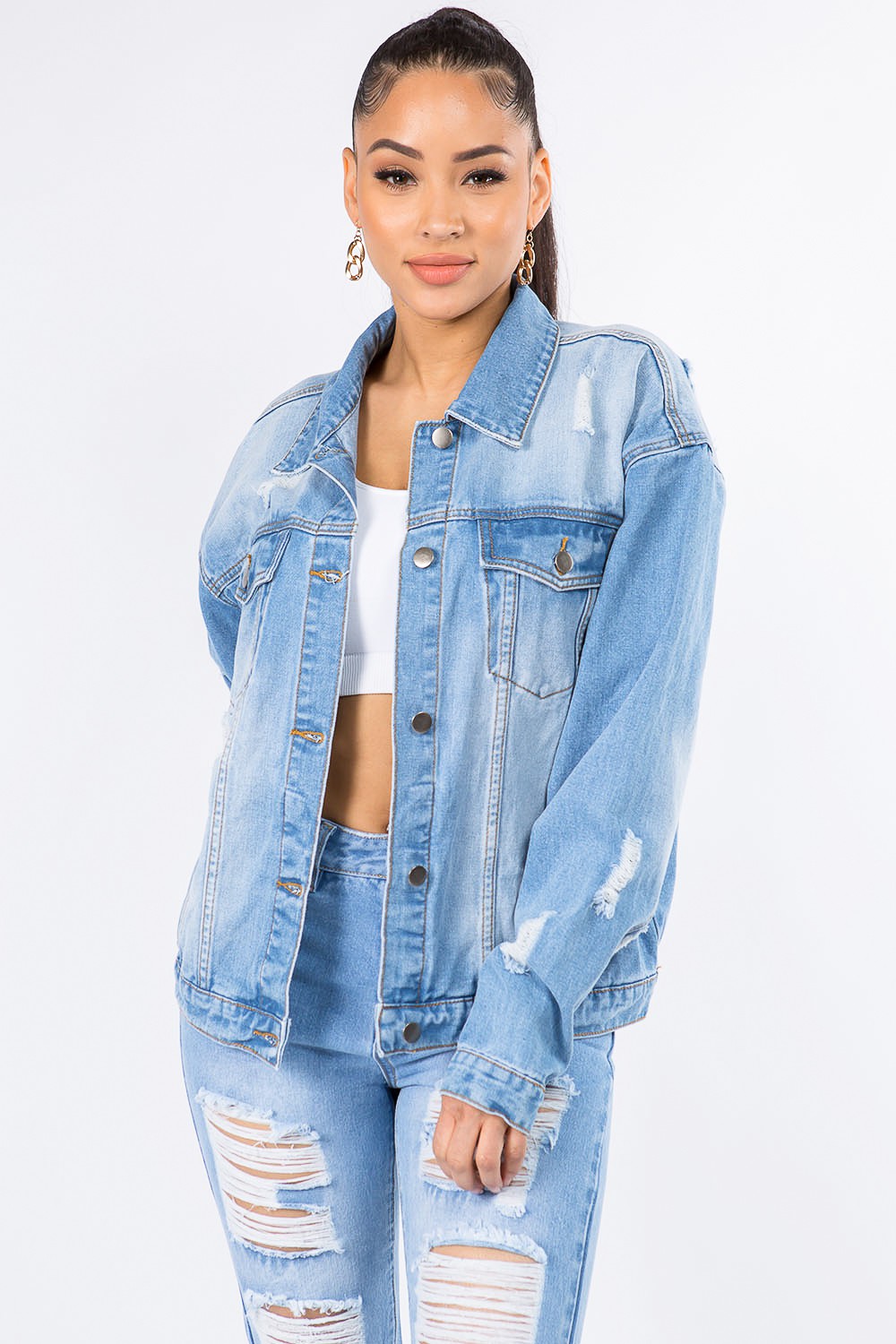 American Bazi Graphic Distressed Long Sleeve Denim Jacket  Trendsi Blue S 