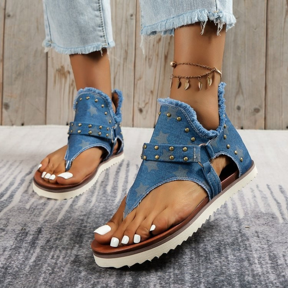 Studded Raw Hem Flat Sandals  Trendsi Medium 36(US5) 