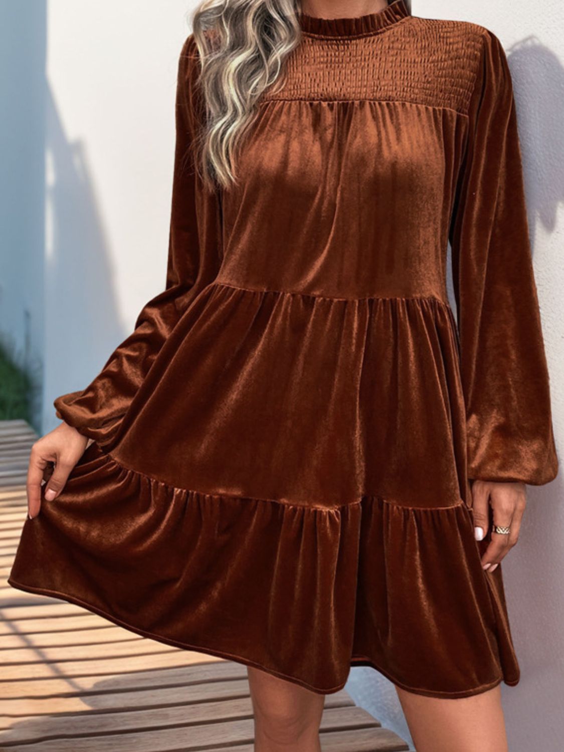 Perfee Tiered Ruched Mock Neck Long Sleeve Dress Dress Trendsi   