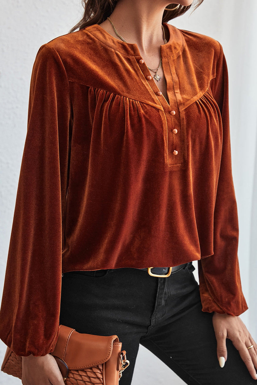 Ruched Decorative Button Notched Blouse Blouse Trendsi   