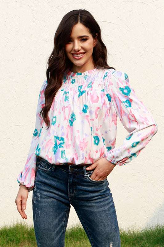 Floral Smocked Balloon Sleeve Round Neck Blouse Blouse Trendsi Multicolor S 