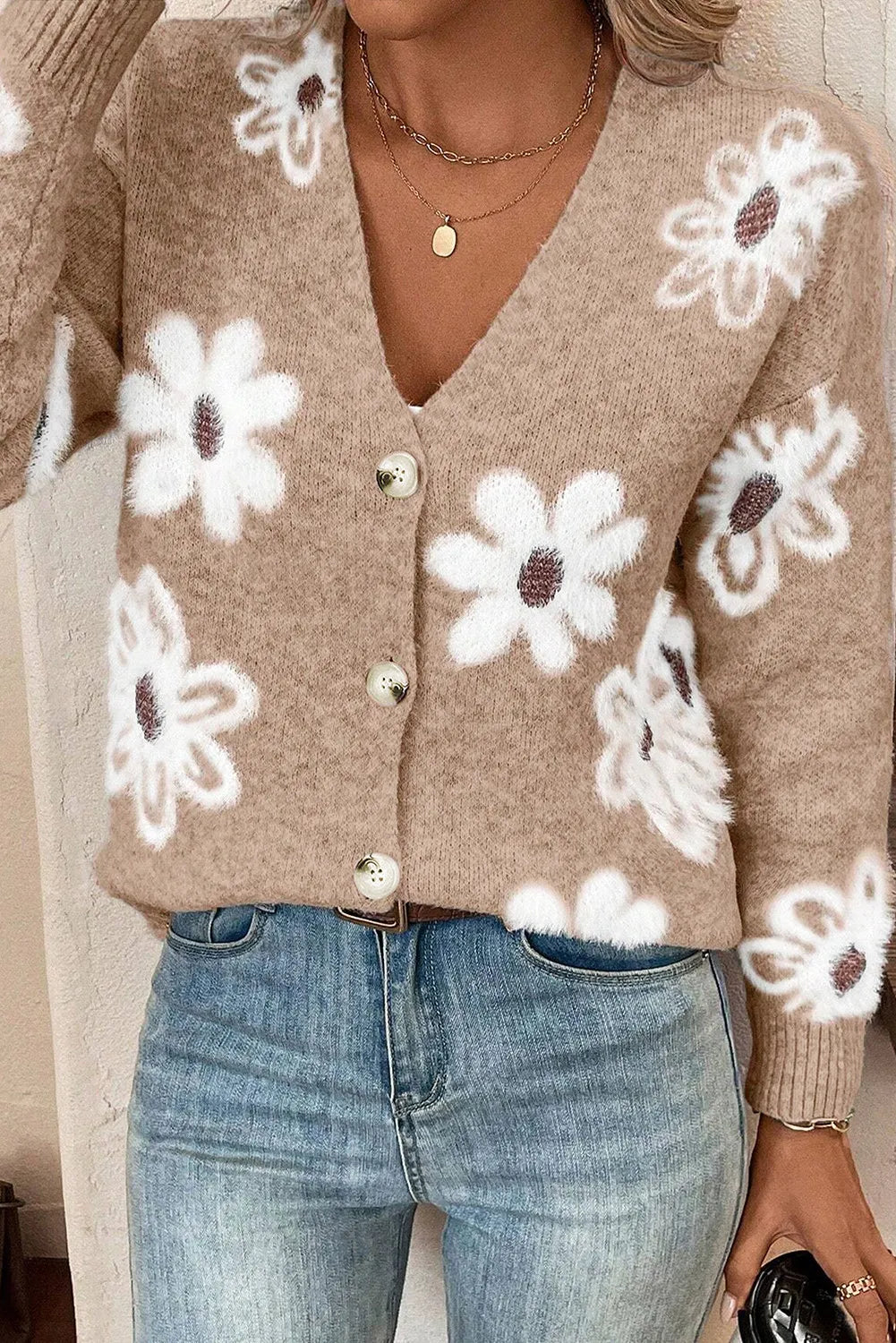 Flower Button Up Long Sleeve Cardigan  Trendsi Tan S 