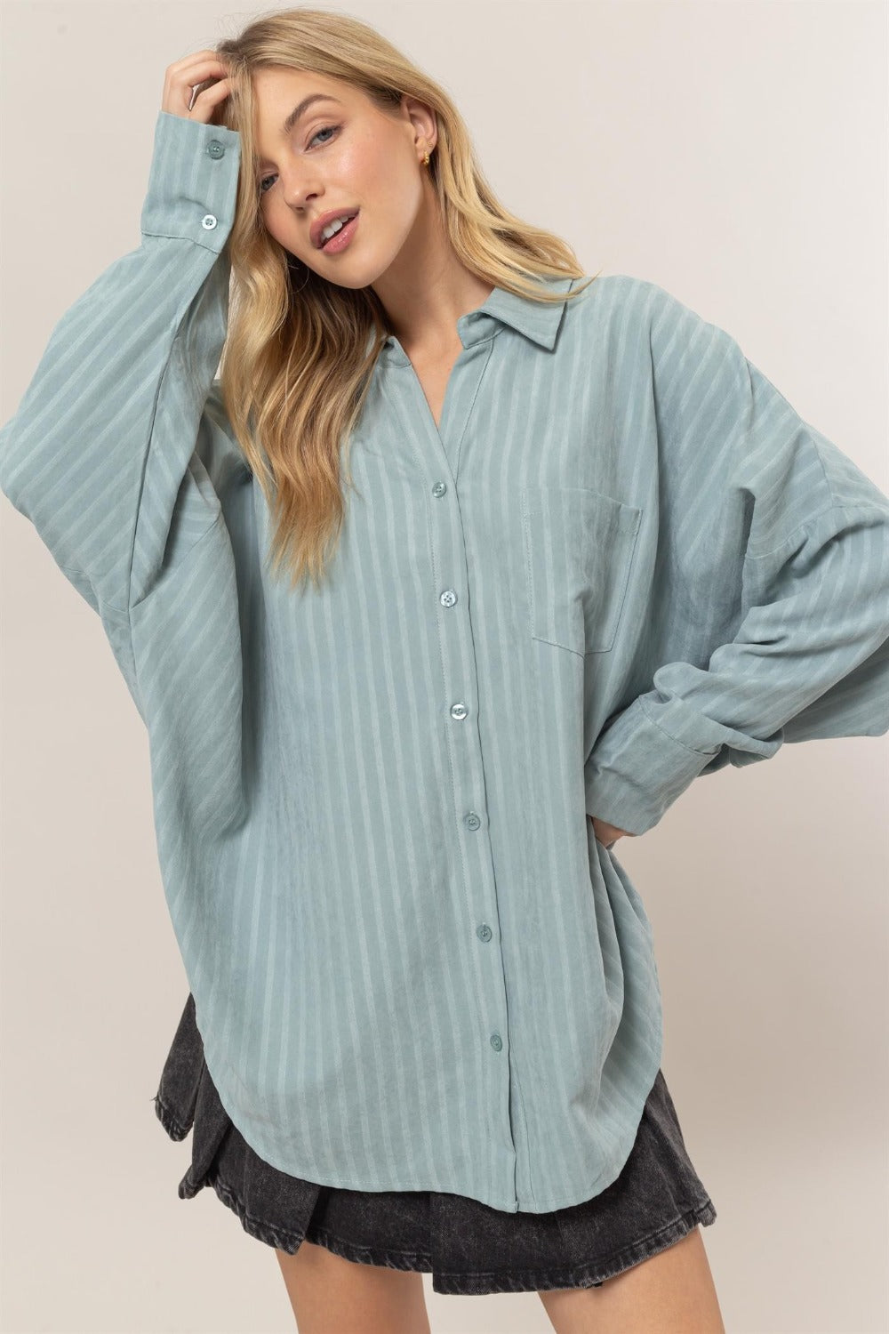 HYFVE Stripe Button Down Long Sleeve Oversized Shirt  Trendsi Dusty Aqua S 