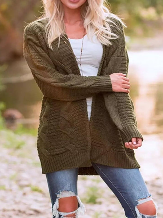 Cable-Knit Open Front Long Sleeve Cardigan  Trendsi Army Green S 