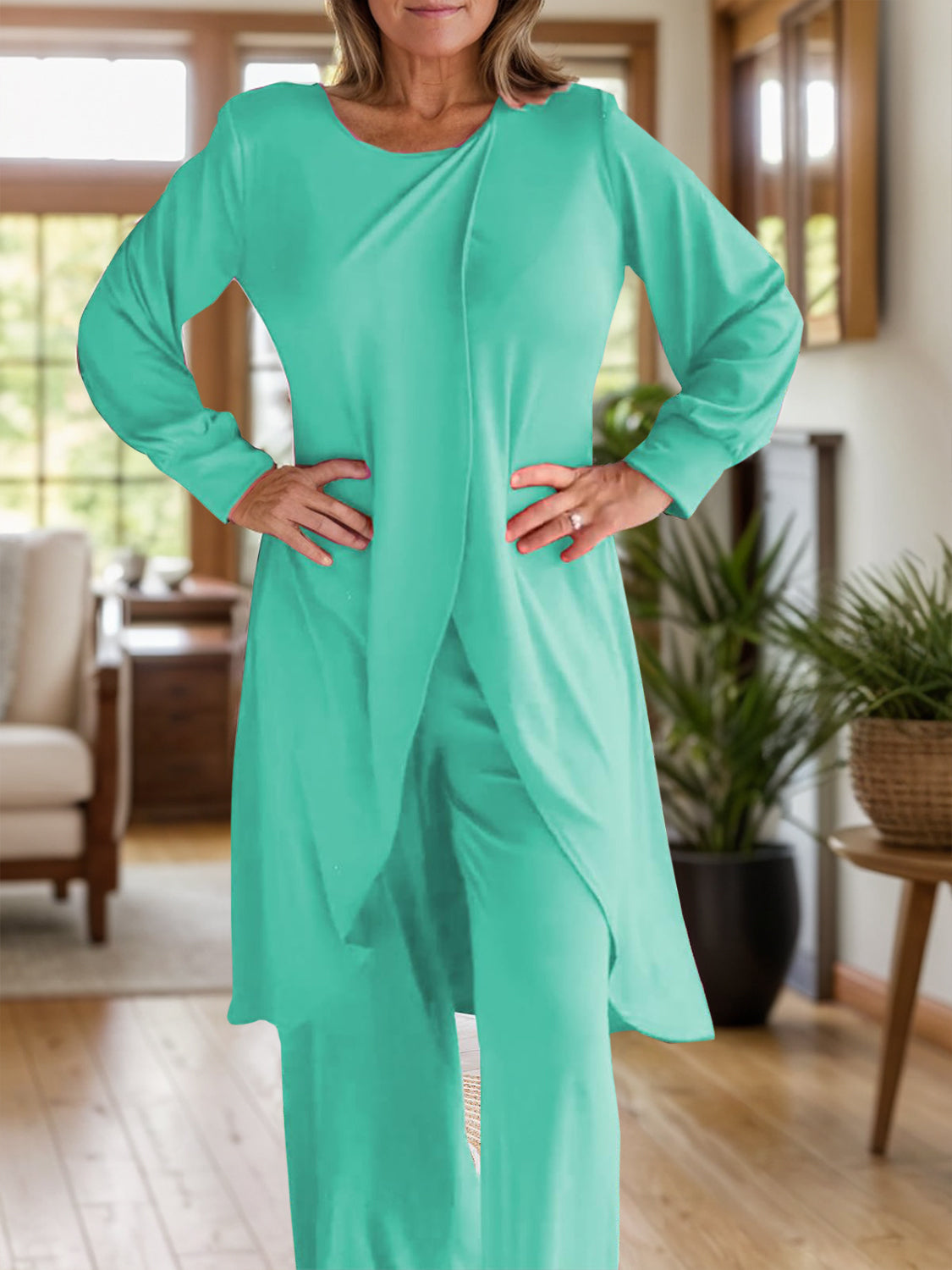 Full Size Slit Round Neck Long Sleeve Top and Pants Set  Trendsi Turquoise S 