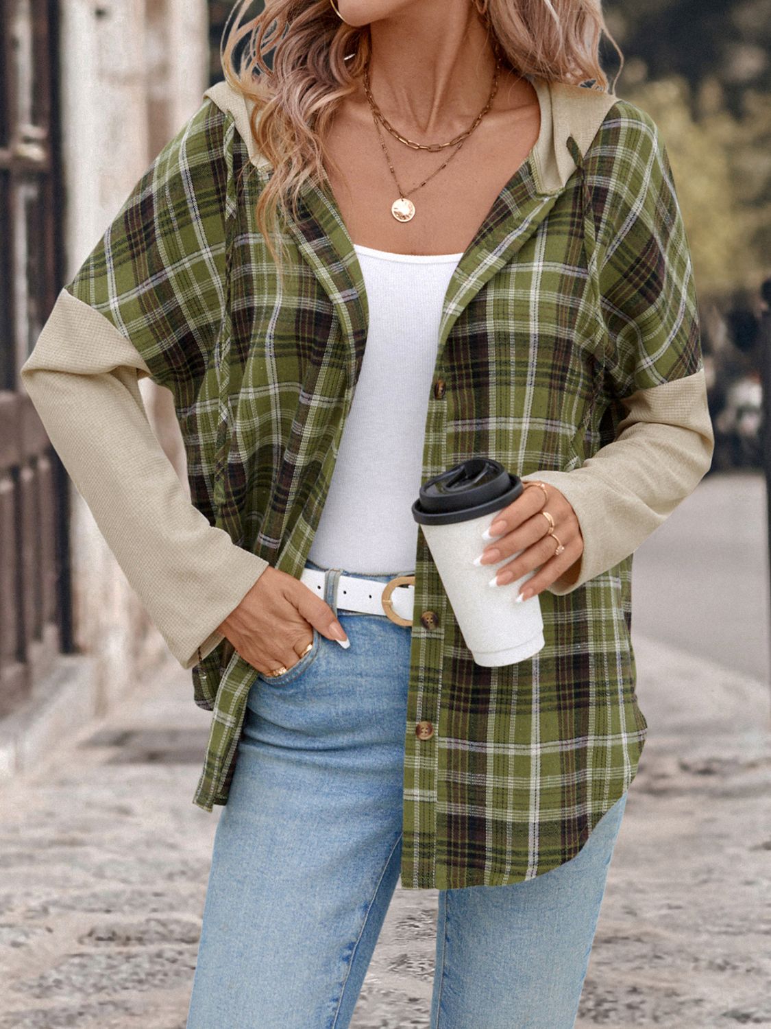 Perfee Drawstring Plaid Long Sleeve Hooded Shirt Blouse Trendsi   