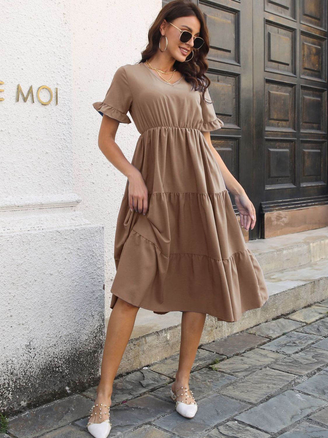 V-Neck Short Sleeve Midi Dress Dress Trendsi   