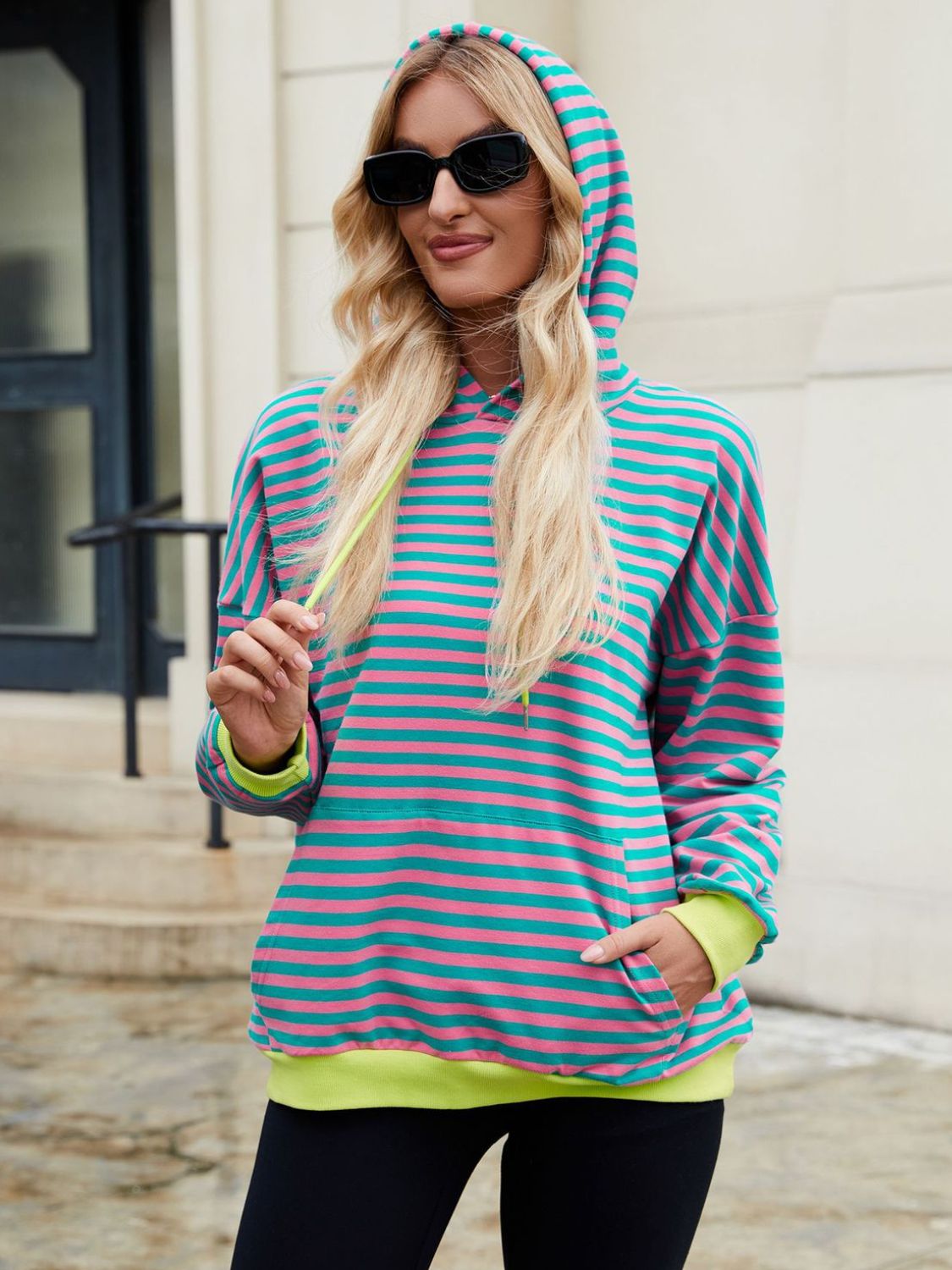 Drawstring Contrast Striped Long Sleeve Hoodie