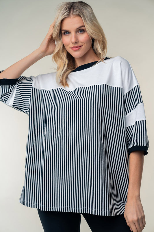 White Birch Full Size Striped Contrast Round Neck Top  Trendsi Black S 