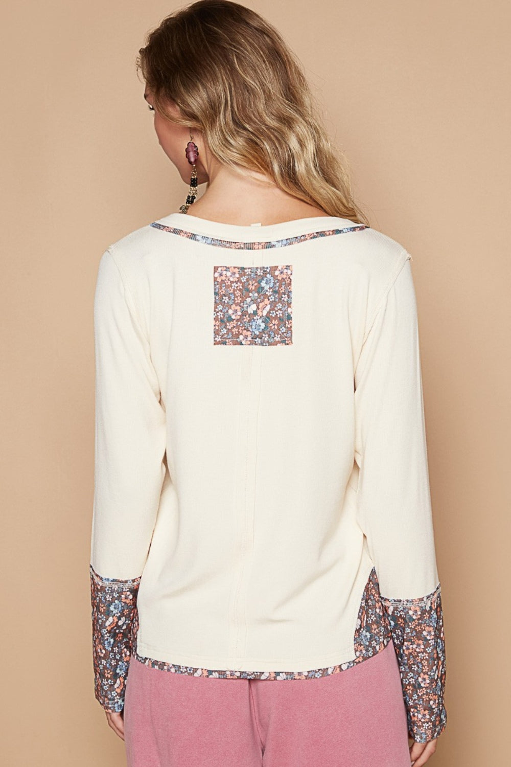 POL V-Neck Long Sleeve Floral Number Patch T-Shirt  Trendsi   